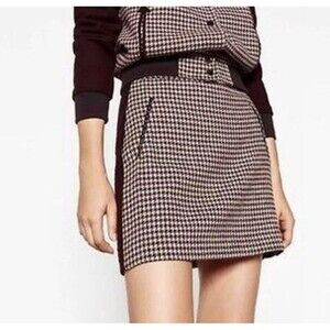 Zara Houndstooth Clueless Wool Blend Mini Skirt Maroon/Brown Size Large
